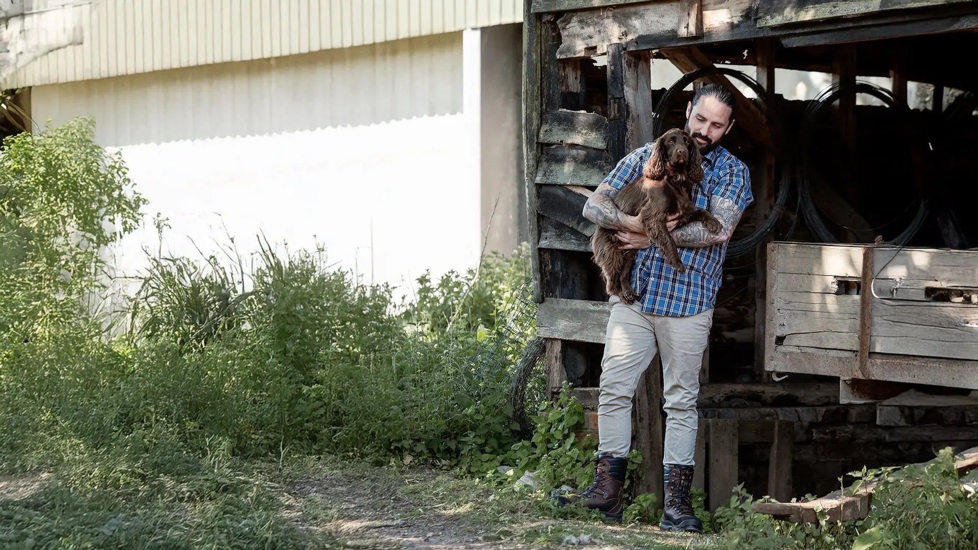 Farmer feeding calves in field with WhiteRoseShooting country content and forest clothing