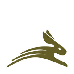 Stylized green hare silhouette in a leaping pose for country clothing and outdoor hunting.