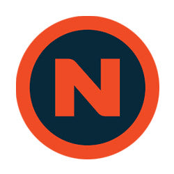Circular orange-bordered logo with bold white N on navy, perfect for NEBO led lighting.