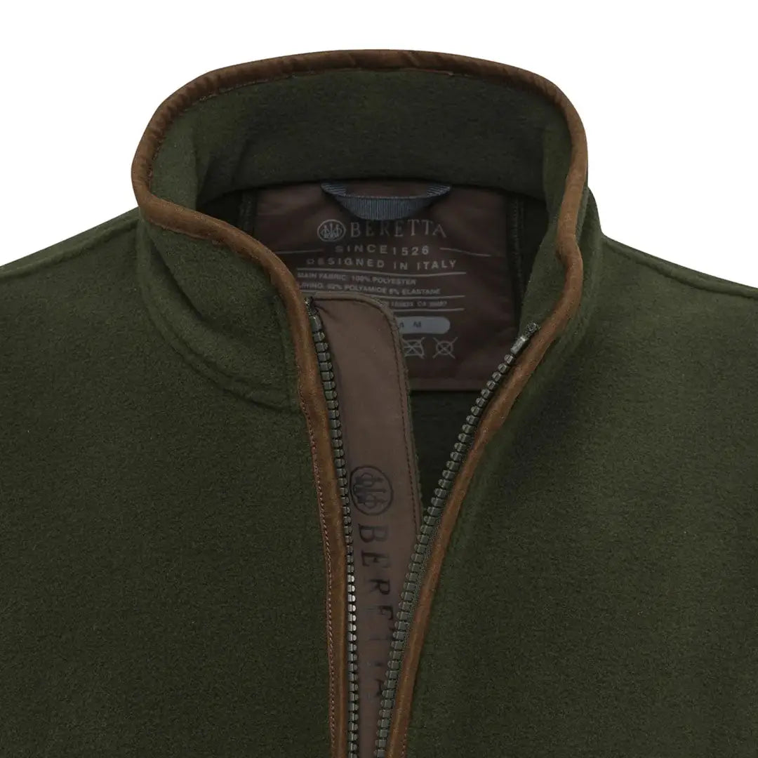 Green fleece jacket with brown trim showcasing the Beretta Arlington Jacket design