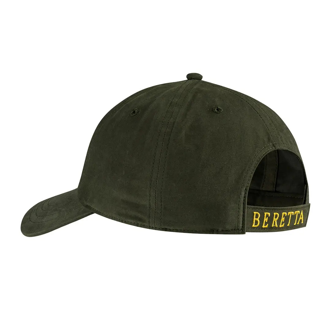 Back of Beretta Big B unisex baseball cap in dark olive green with gold embroidery