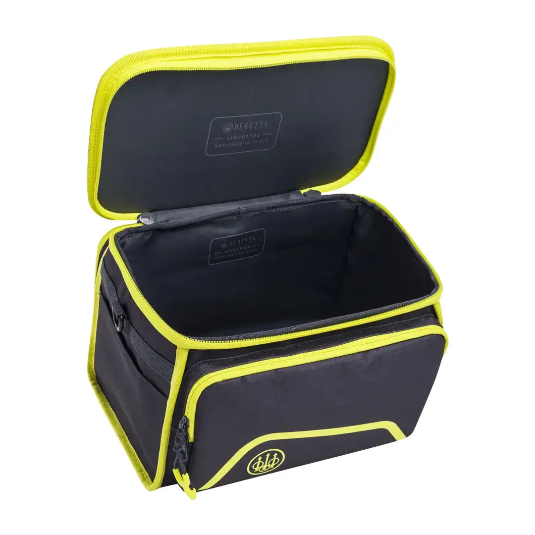 Open black and yellow Beretta Challenge Cart Bag 150 for easy gear access