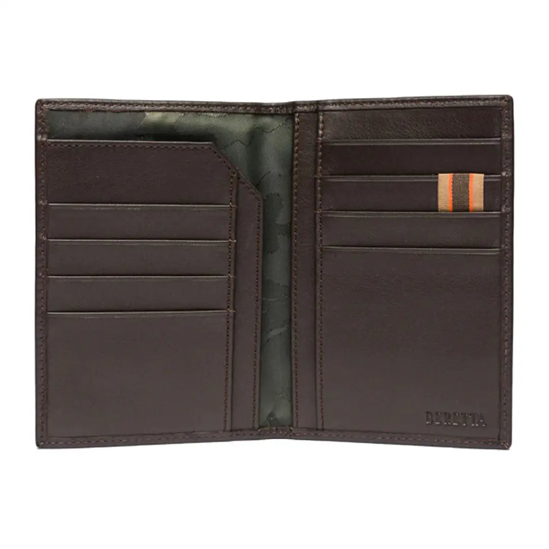 Open brown leather wallet from Beretta Passport Holder Classic for country clothing and hunting outdoors