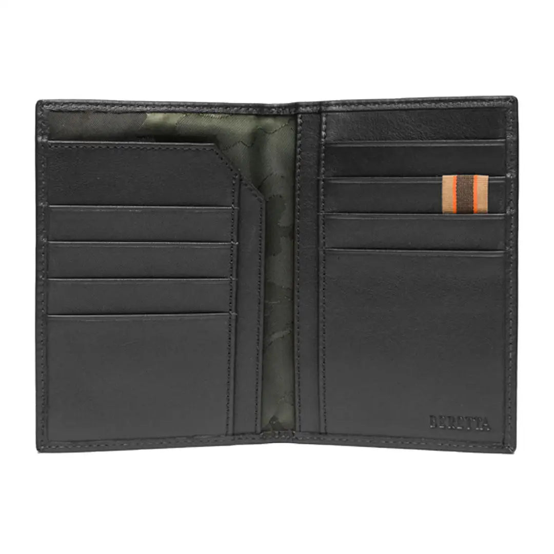 Open black leather wallet in Beretta Passport Holder Classic perfect for country clothing outdoors
