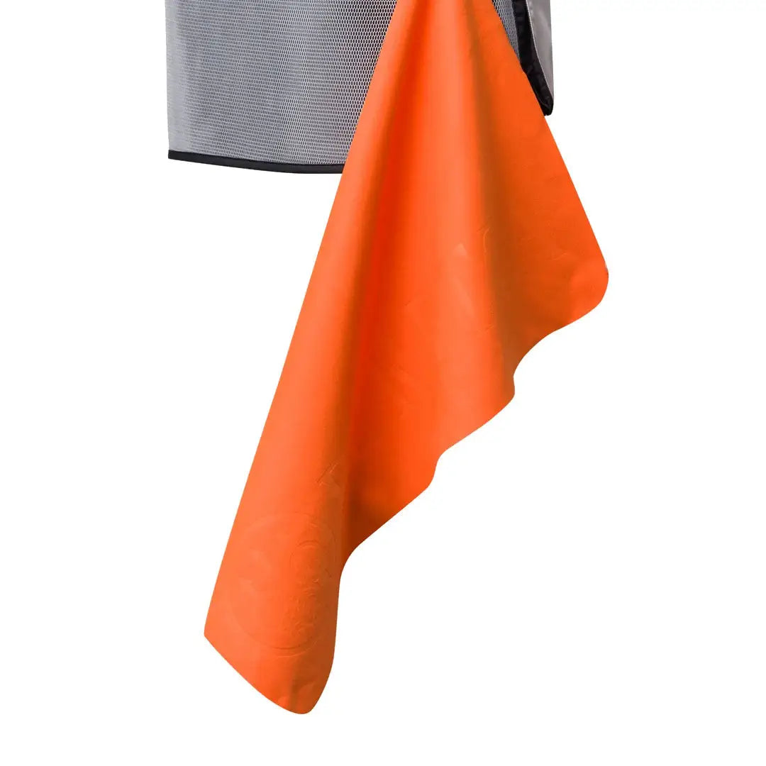 Orange Beretta Shooting Towel hanging from gray mesh, perfect for country clothing and hunting