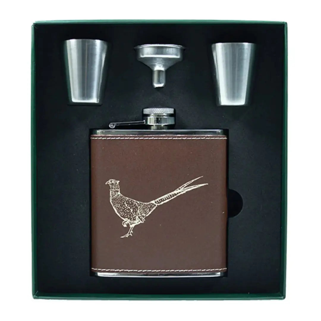 Bisley brown leather 6oz hip flask set with pheasant design