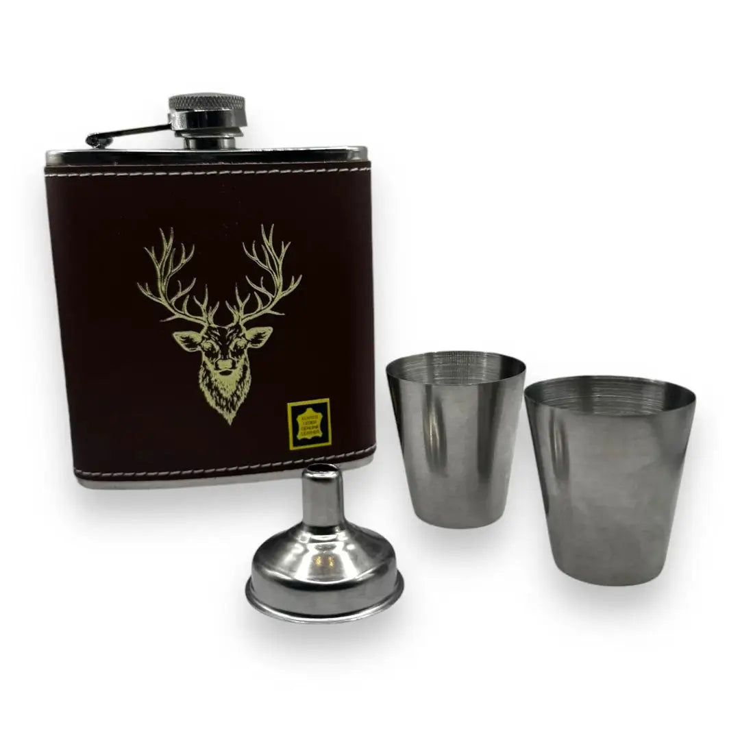 Bisley brown leather 6oz hip flask set with stag head design