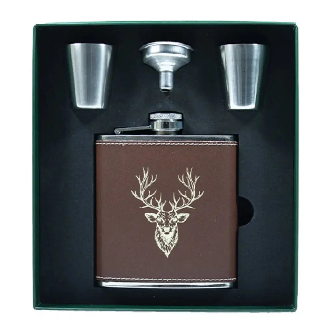 Bisley brown leather 6oz hip flask with deer head design