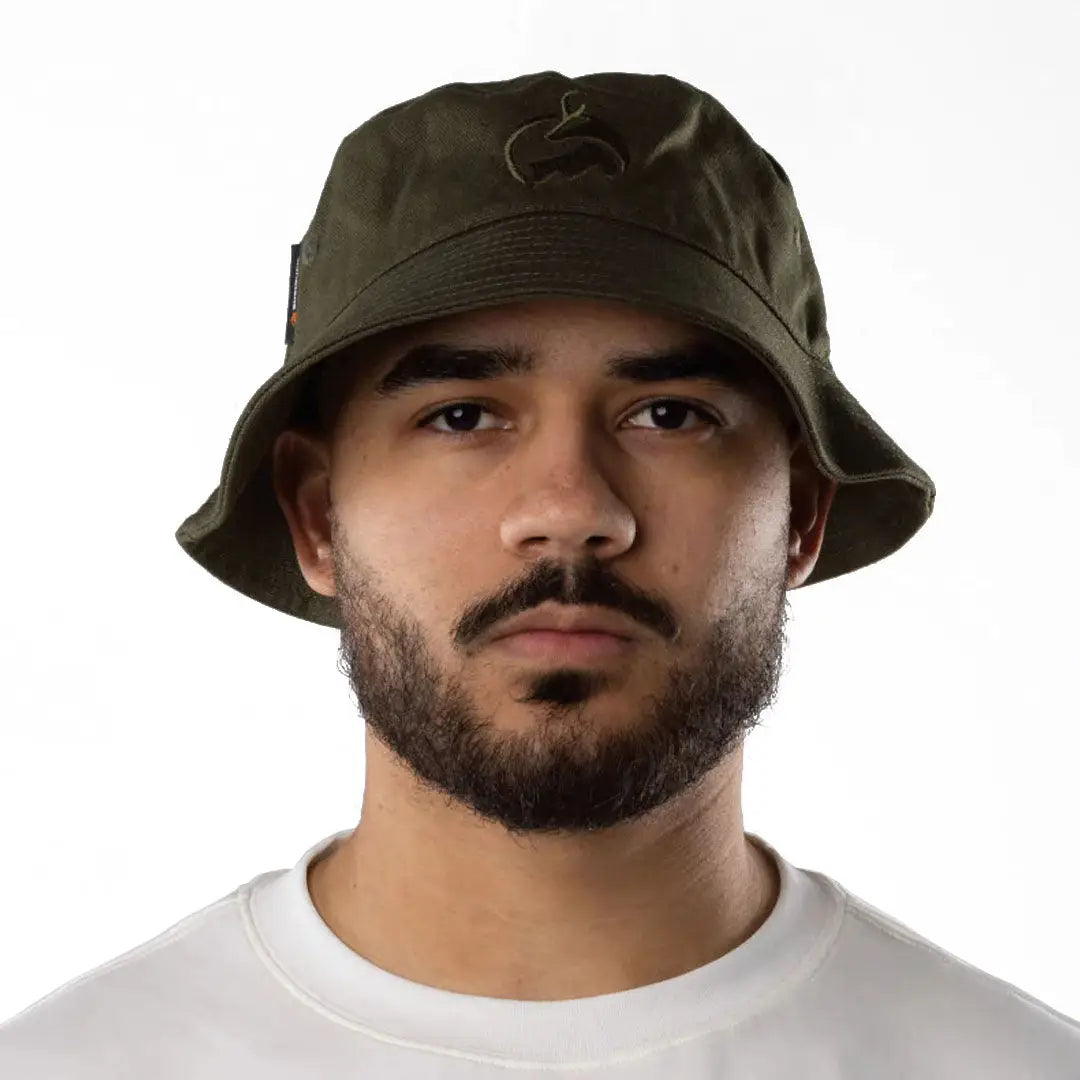 Olive green Bushbuck canvas bucket hat with black front logo