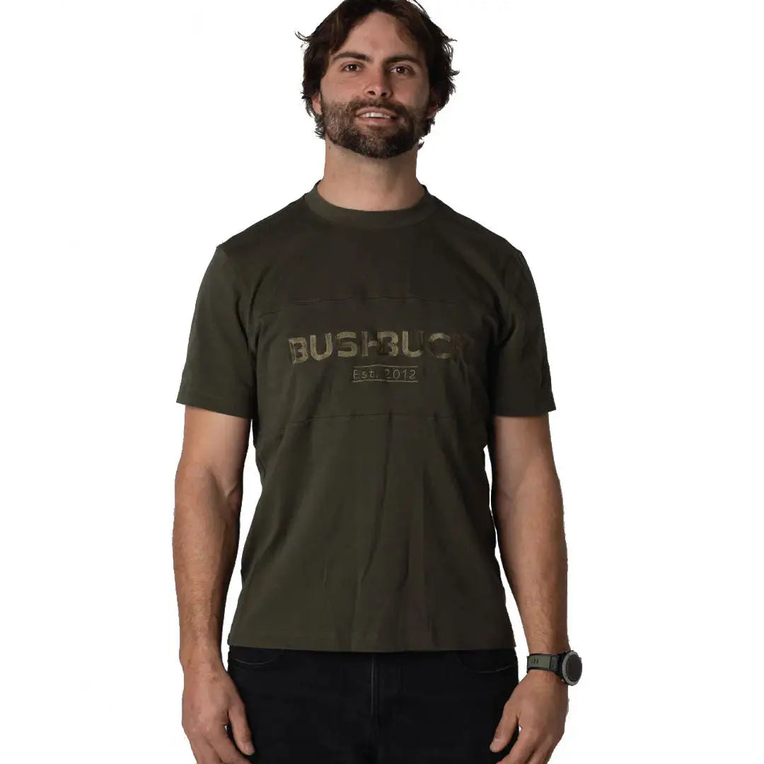 Bushbuck Heritage Cotton Tee in olive green with camo logo and flag