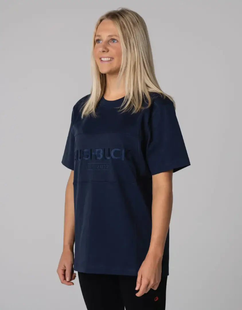 Navy blue oversized Bushbuck Heritage Cotton Tee with white text design
