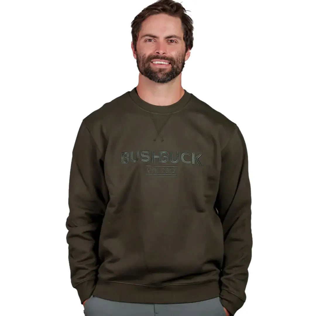 Olive green Bushbuck Rise Crew sweatshirt with Aus block embossed design