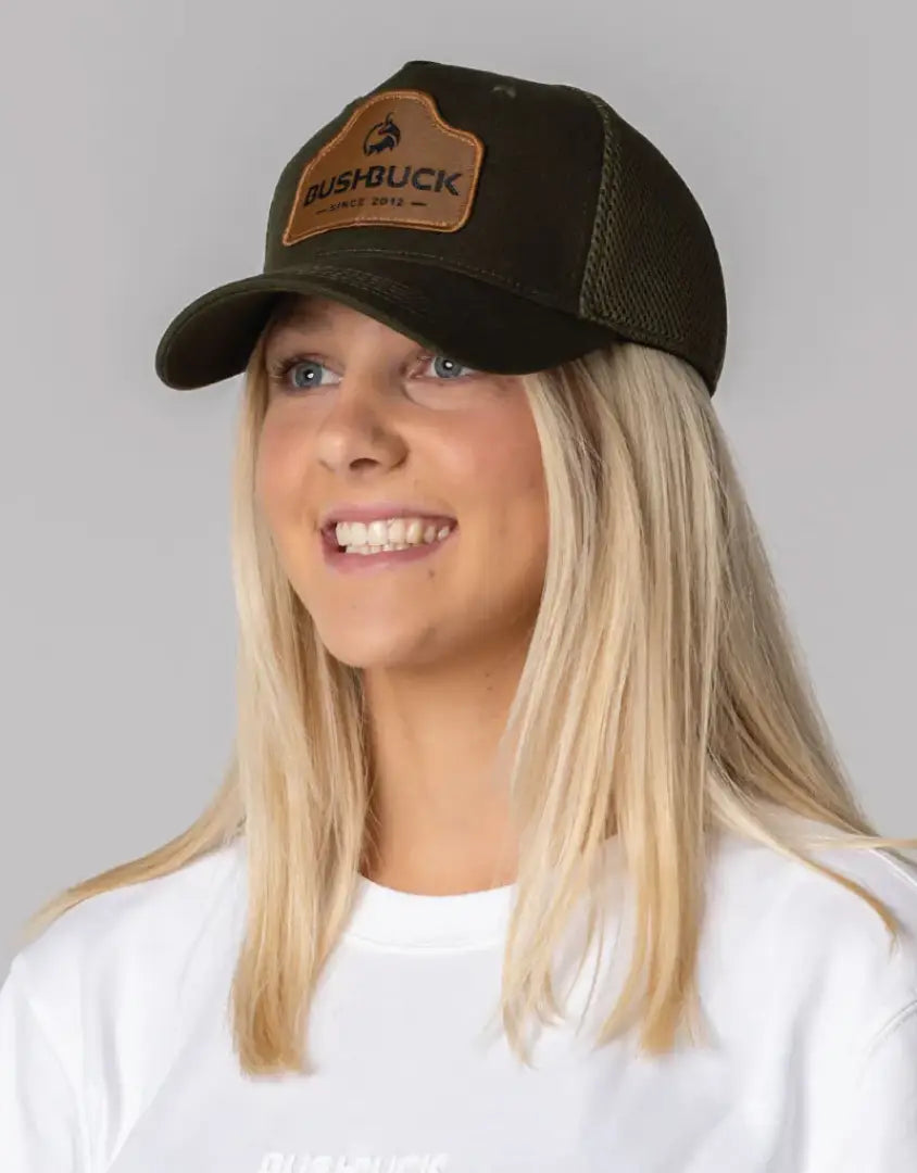 Brown Bushbuck snapback trucker cap with leather patch logo