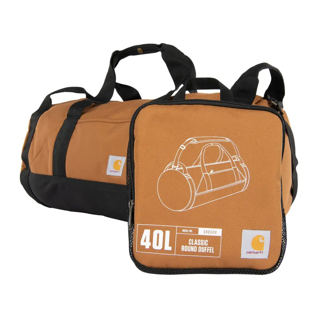 Brown Carhartt 40L classic round duffel bag with black handles