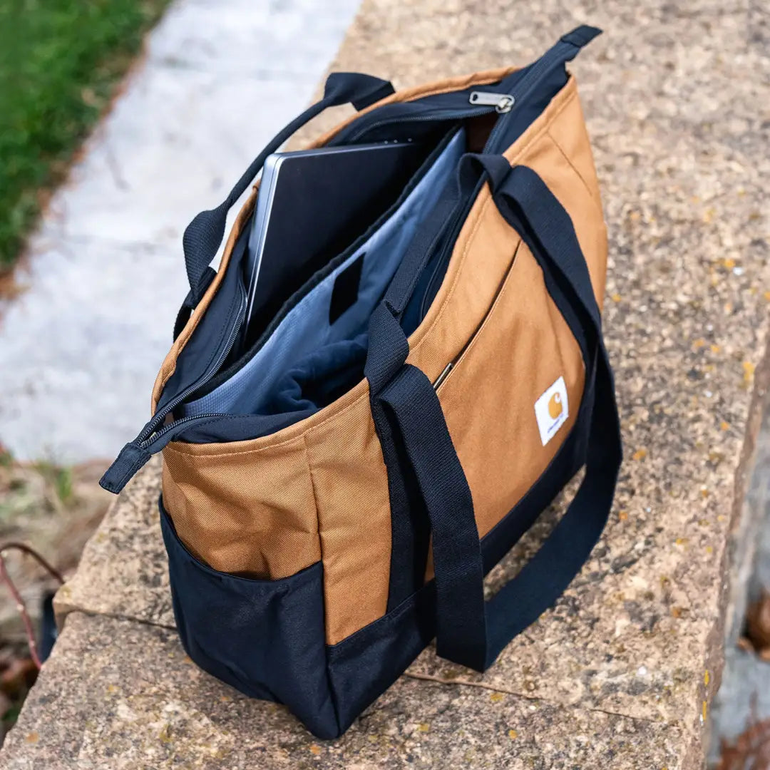 Durable Carhartt Classic Laptop Tote in brown navy canvas