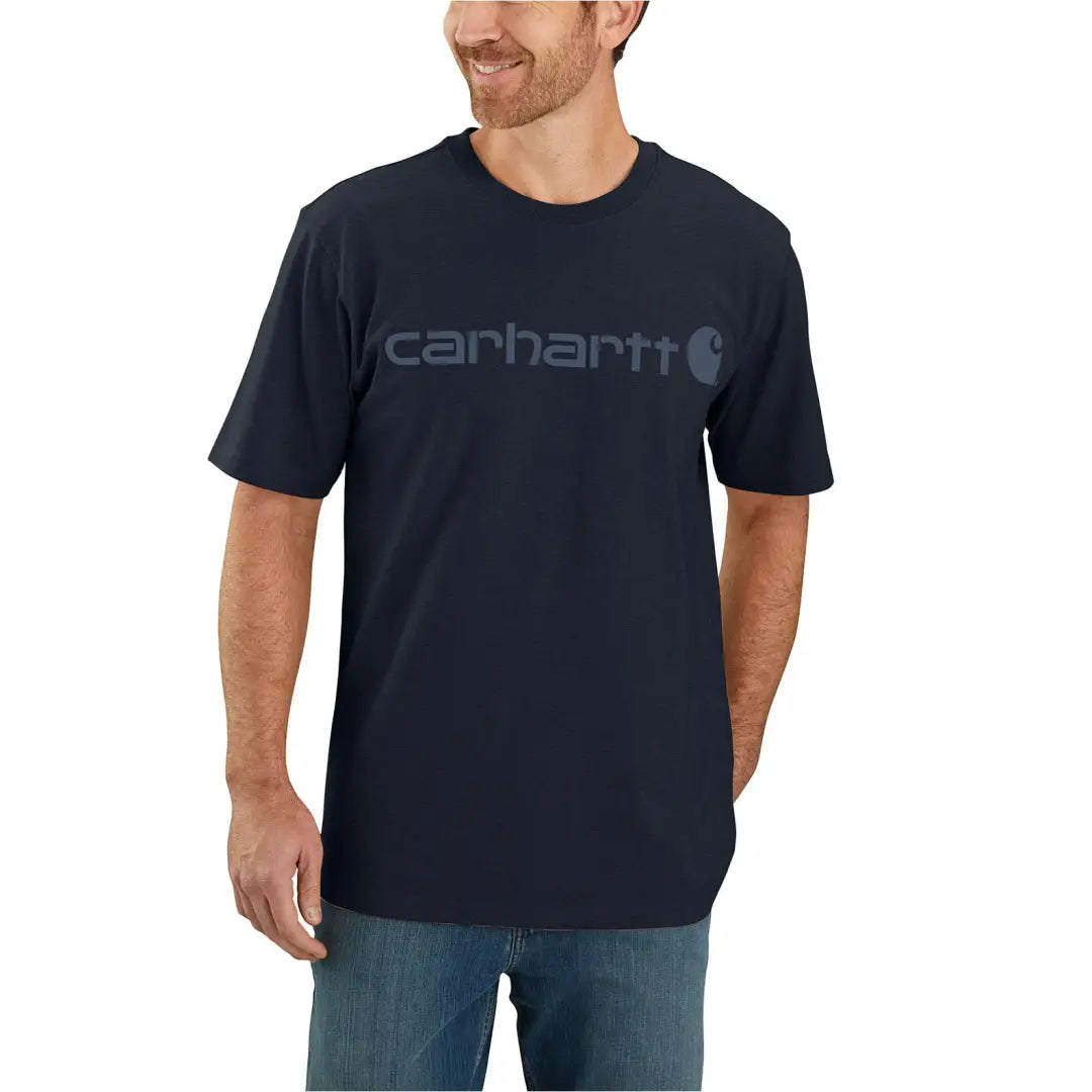 Navy blue Carhartt Dearborn t-shirt with faded gray logo for outdoors hunting