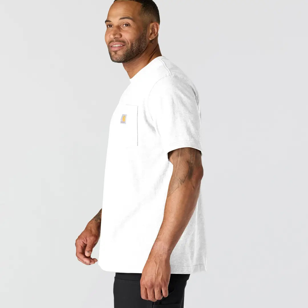 White Carhartt Dearborn t-shirt with pocket and yellow logo for outdoors