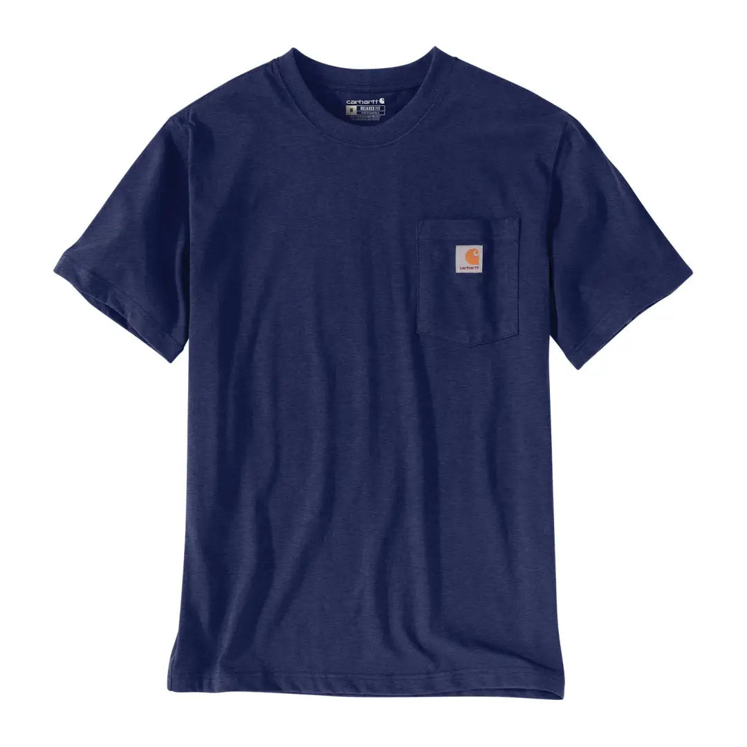 Navy Carhartt Dearborn t-shirt with orange logo, ideal for outdoors hunting