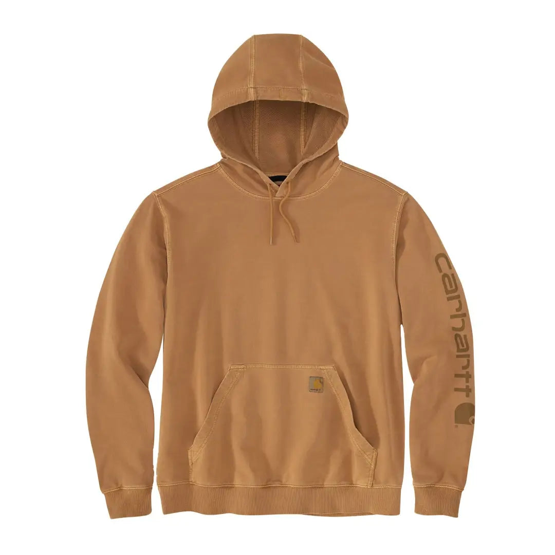 Tan Carhartt Durham hoodie with front pocket, logo sleeve, country clothing style