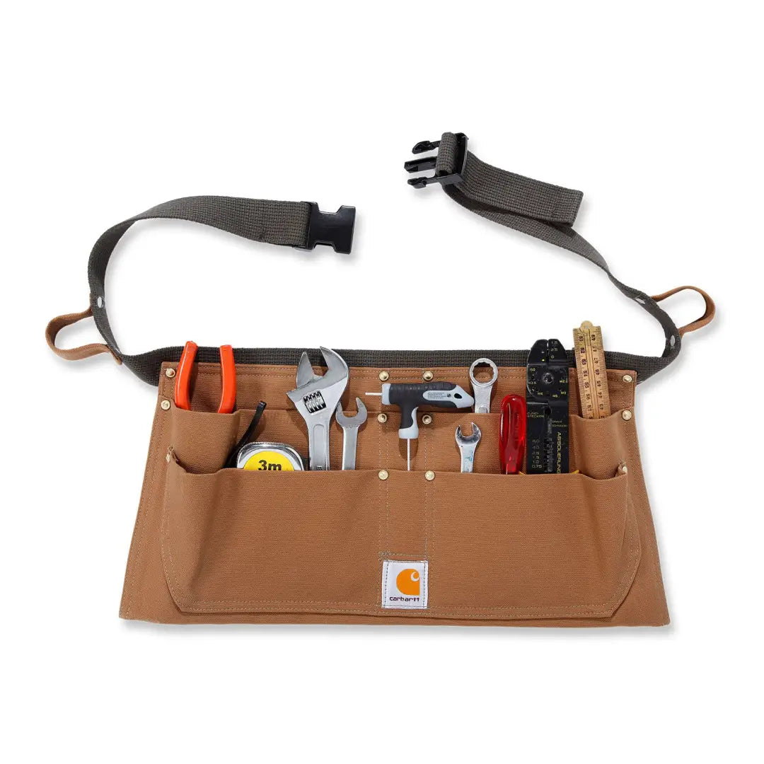 Brown leather Carhartt Firm Duck half apron with tool pockets