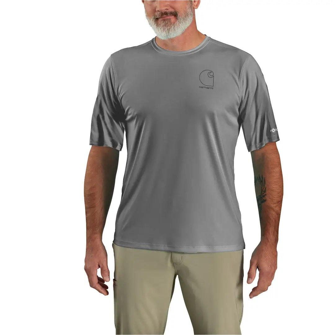Gray Carhartt Force Sun Defender logo t-shirt with subtle chest print