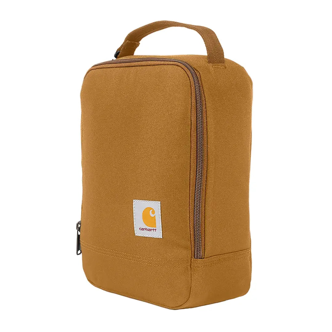 Golden brown Carhartt insulated lunch cooler with tan handles and zipper
