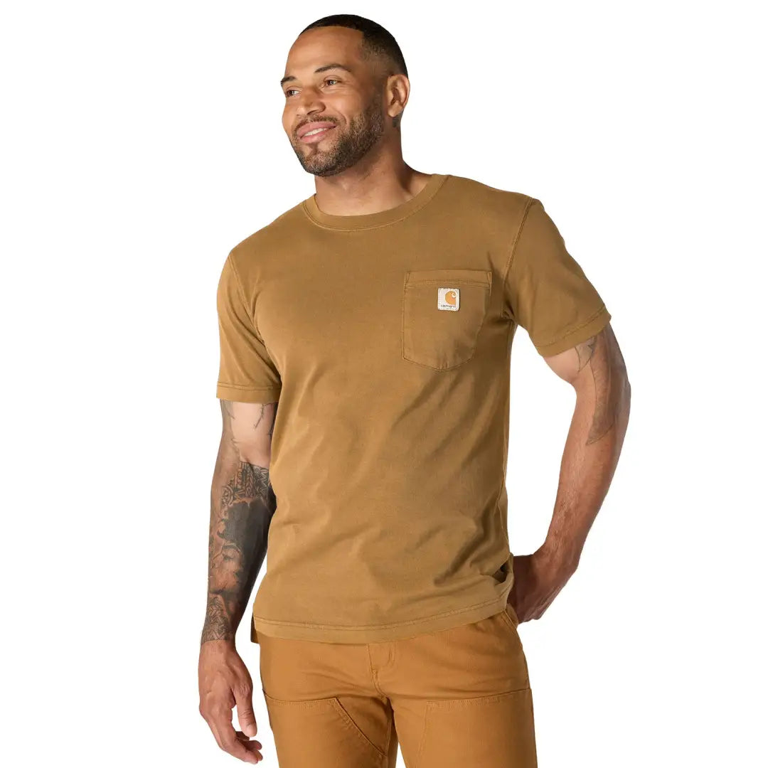 Tan Carhartt t-shirt with pocket, logo, for country clothing outdoors