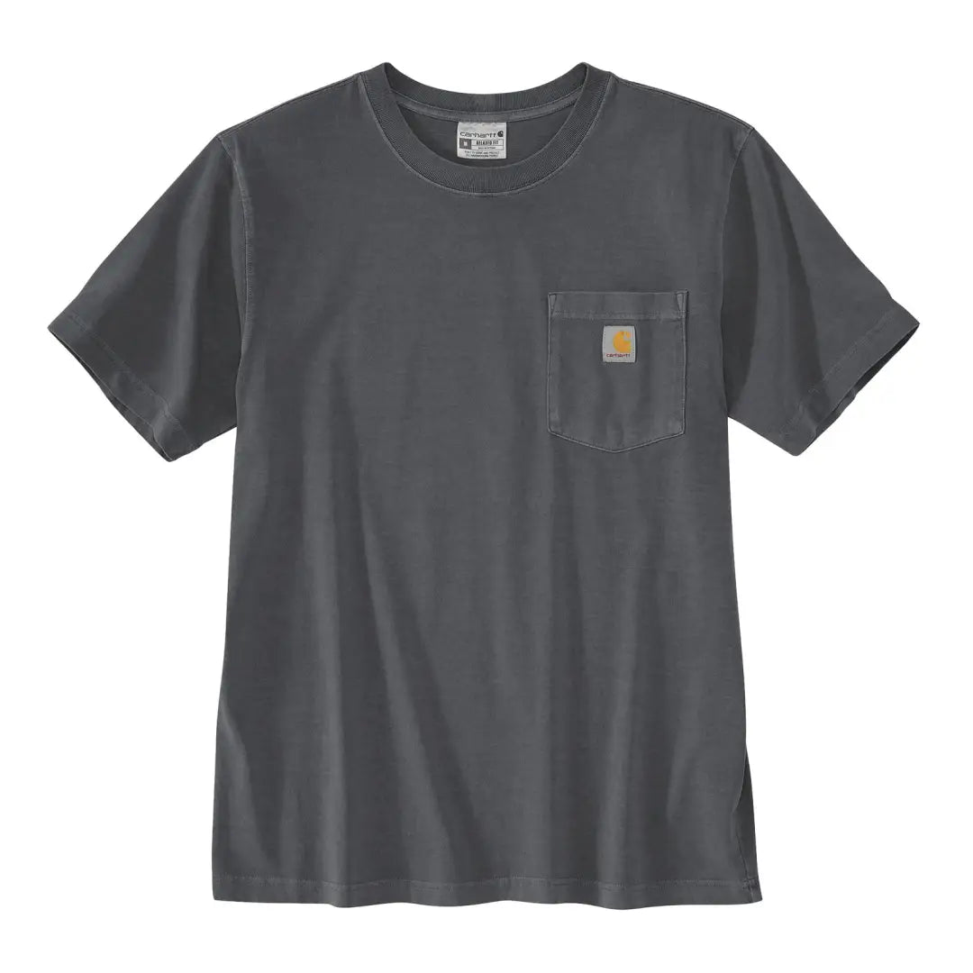 Dark gray Carhartt Irvine T-shirt with yellow logo patch for outdoors