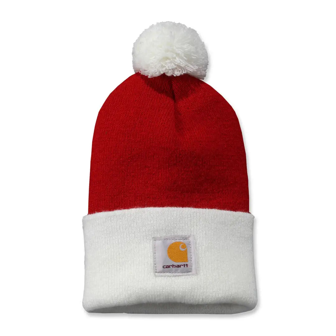 Red and white Carhartt pom-pom beanie for outdoors hunting country clothing