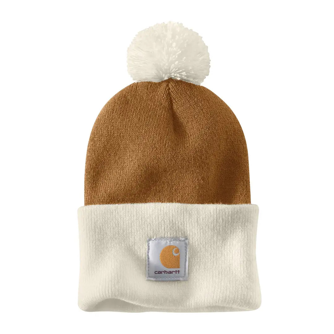 Brown and cream Carhartt pom-pom beanie for country clothing and outdoors