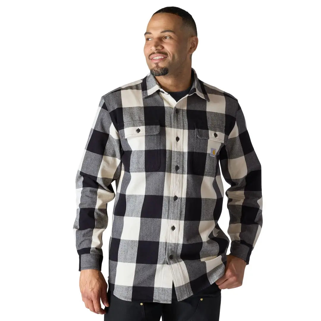 Carhartt loose fit heavyweight long sleeve plaid shirt in black white gray