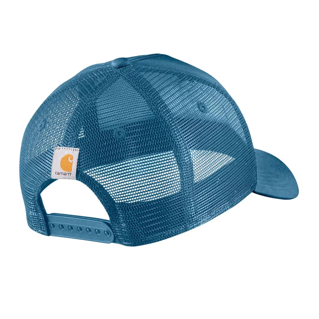 Blue Carhartt script patch cap with mesh back and adjustable strap