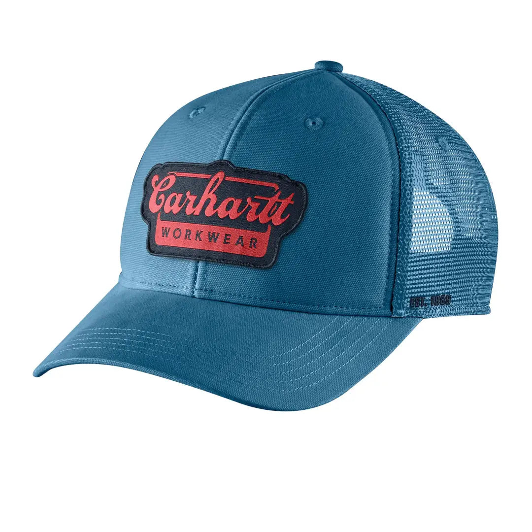 Teal Carhartt script patch cap with red black logo