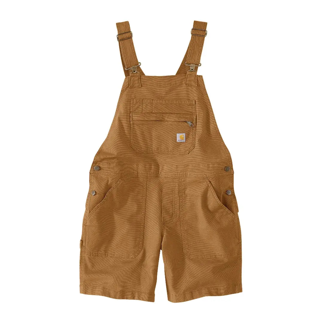 Brown canvas short overalls from Carhartt Womens Rugged Flex for relaxed fit country clothing or hunting adventures