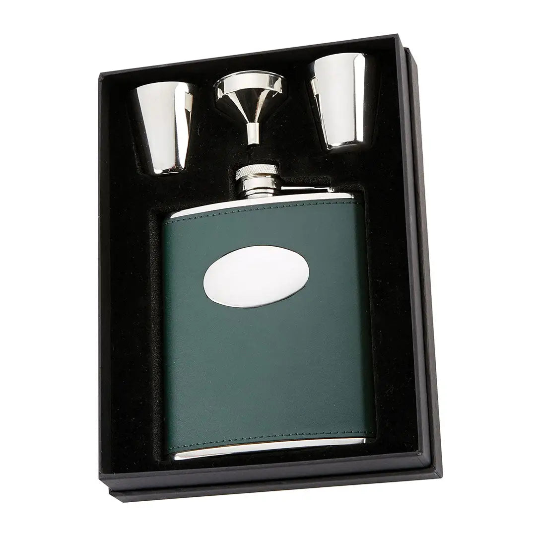 David Nickerson green leather 6oz hip flask set with silver accents