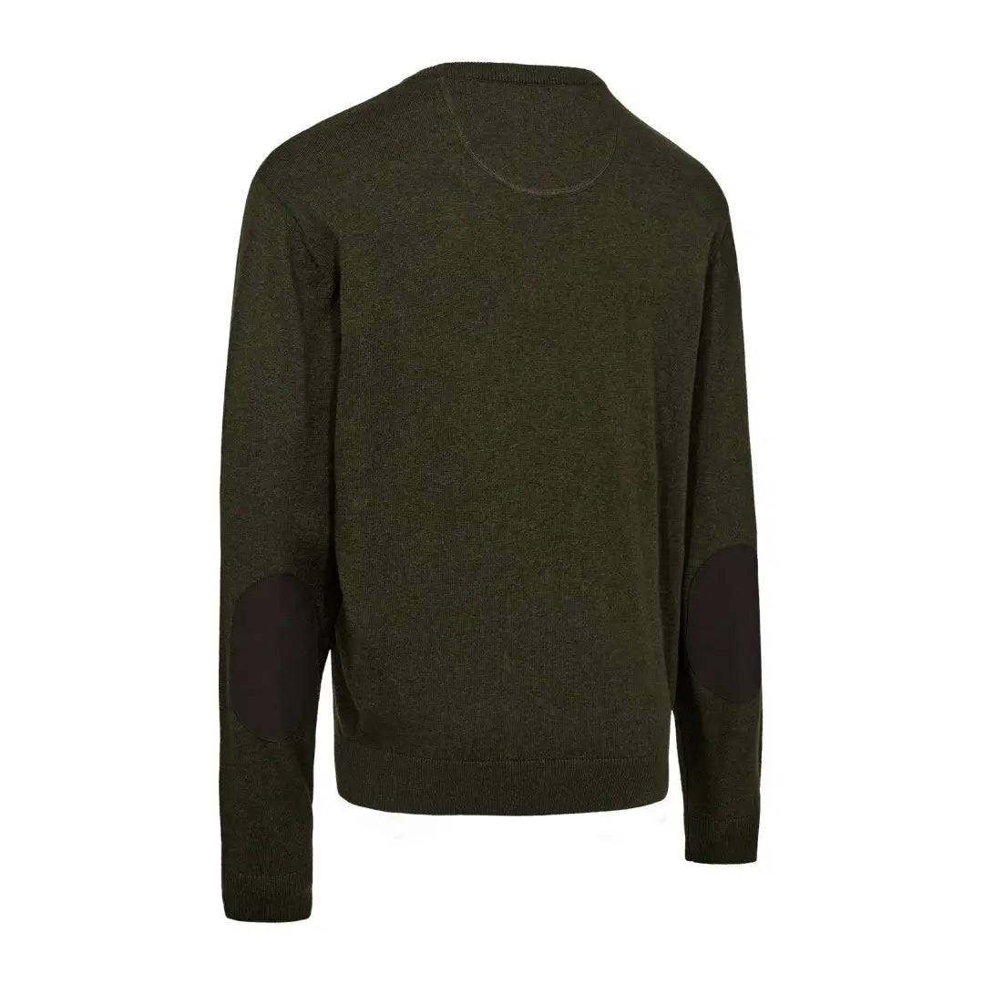 Olive green Deerhunter Harrington O-Neck Knit sweater with elbow patches for country hunting outdoors