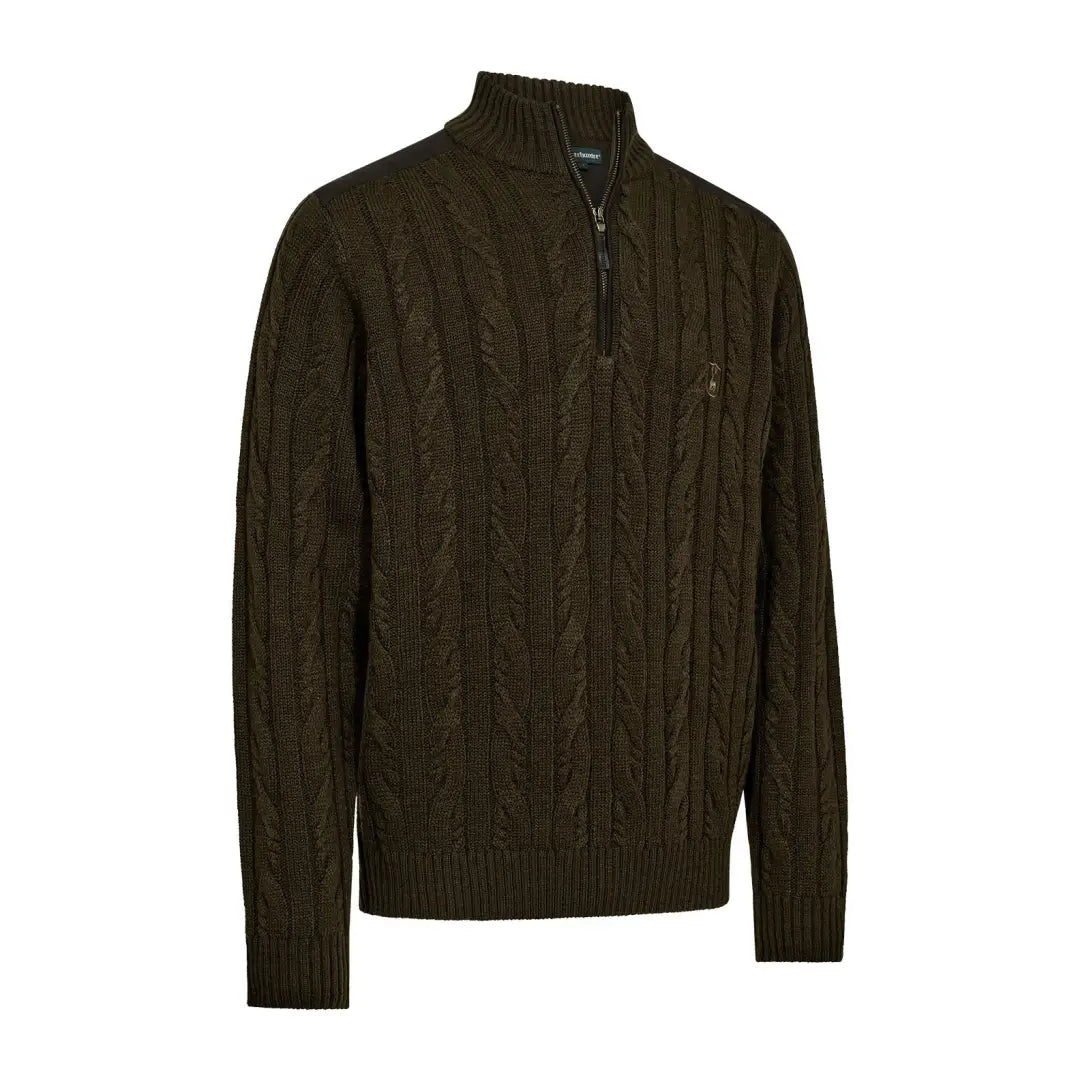 Olive green cable knit Deerhunter Randall half-zip sweater for country clothing style
