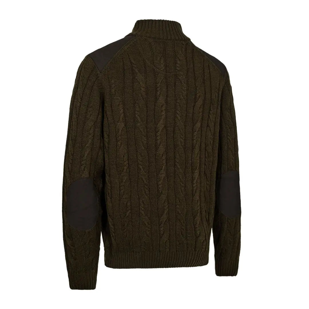 Olive green Deerhunter Randall country clothing cable knit sweater with elbow patches