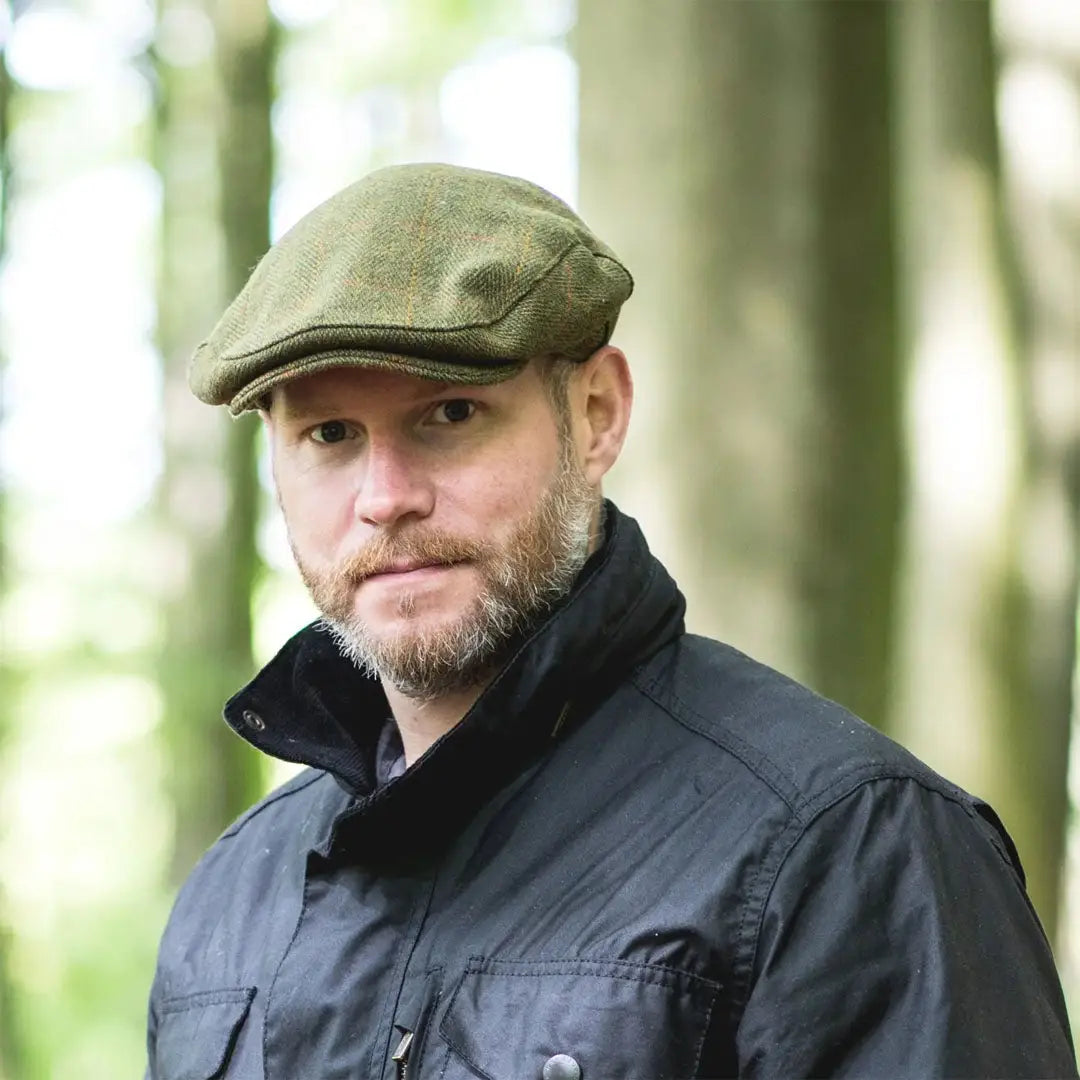 Olive green Tweed Flat Cap with textured wool, stylish Extremities Woburn Flat Cap