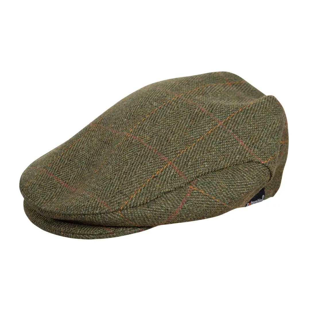 Olive green Extremities Woburn Tweed Flat Cap with a stylish tweed flat design