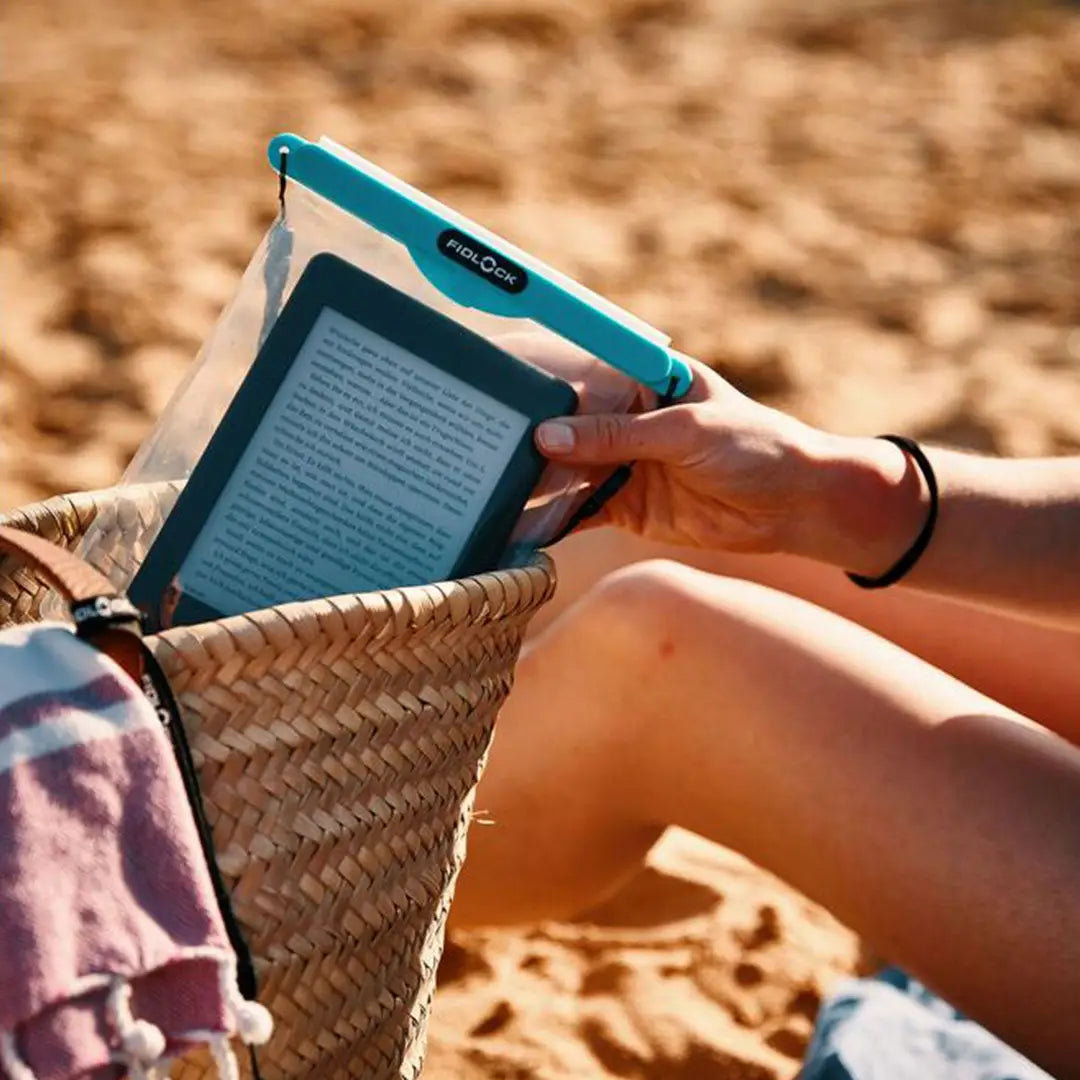 E-reader safely inside a Fidlock Maxi Dry Bag, perfect for protecting your device