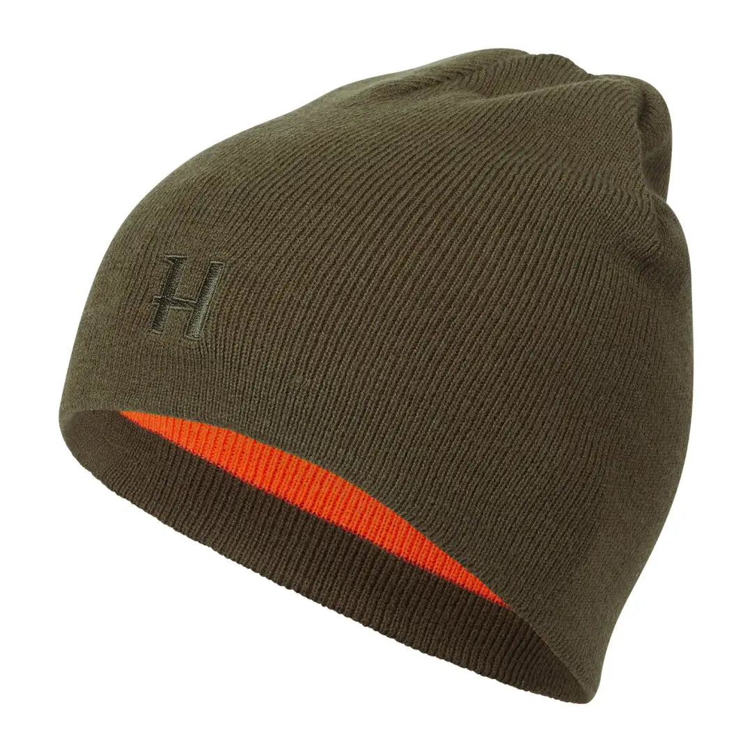 Olive green reversible beanie with orange lining for country clothing and hunting trips
