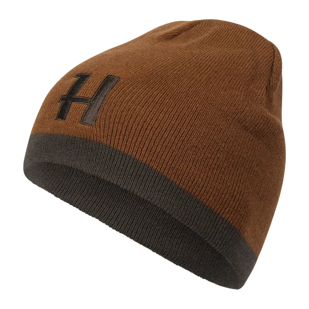Brown knit reversible beanie with dark trim and H emblem perfect for country clothing hunting