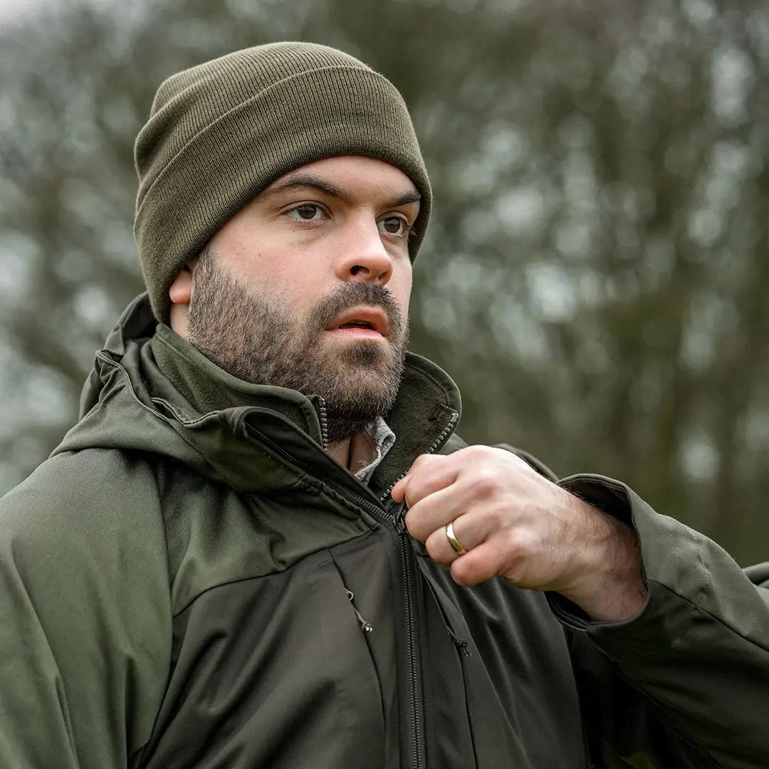 Olive green hooded jacket with Harehill Beanie, perfect to stay warm for outdoor enthusiasts