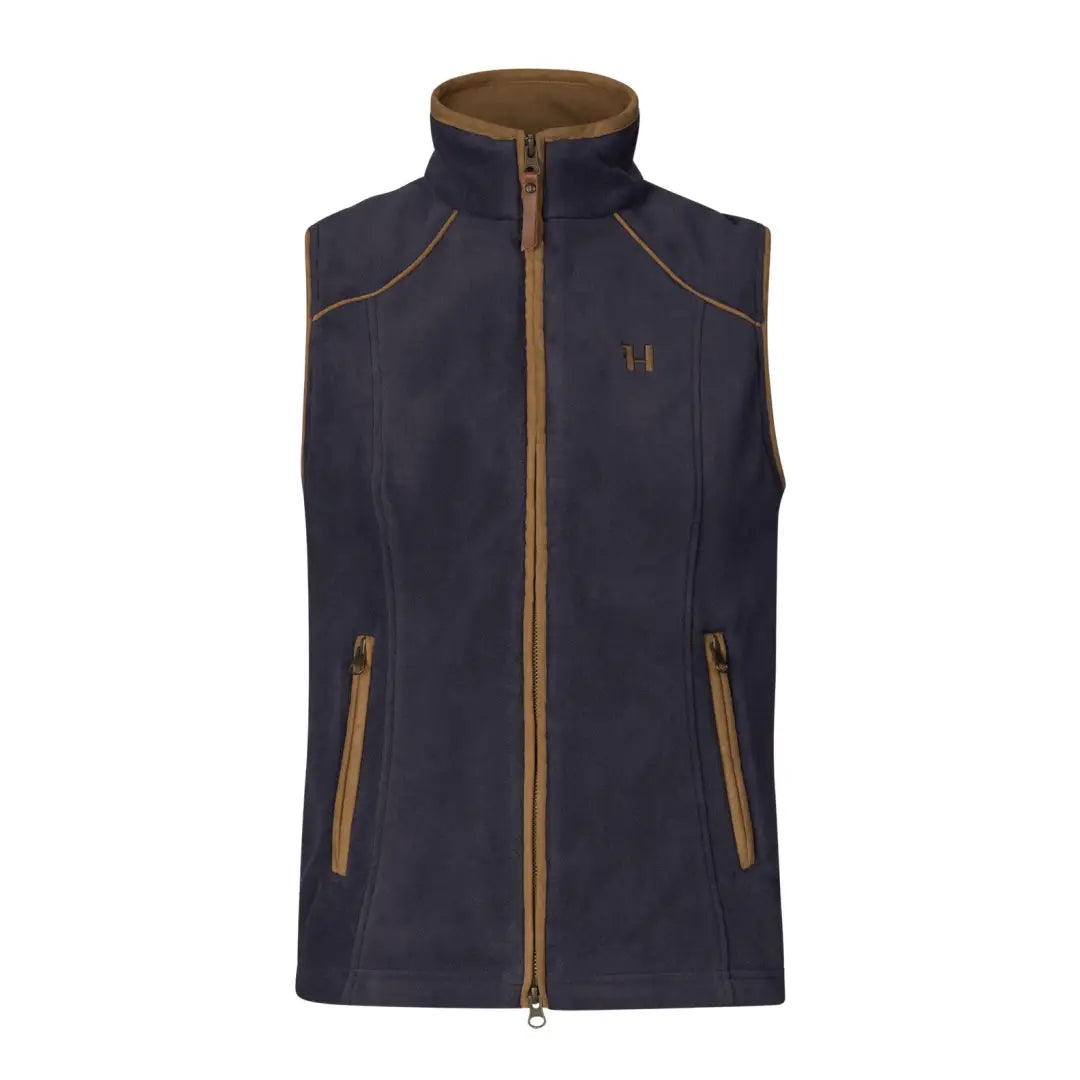 Navy blue Harkila Sandhem 200 Ladies Waistcoat with full-length zip and wind-resistant check lining for a female figure perfectly