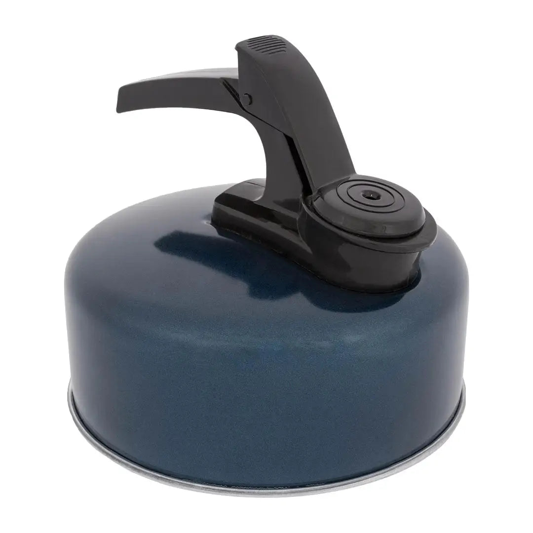 Blue Highlander Aluminium Whistling Camping Kettle with black handle for outdoor cooking