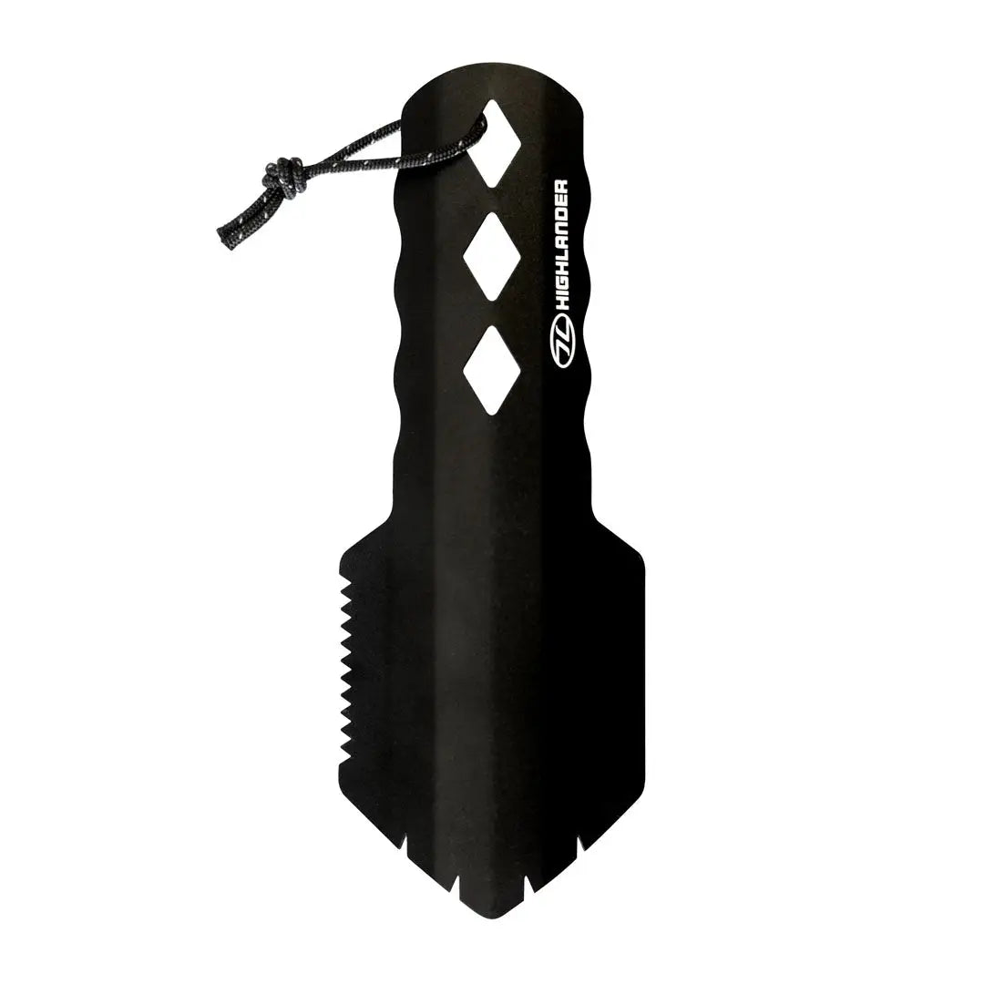Black metal Highlander Arrow Trowel for camping, great for hunting and country clothing