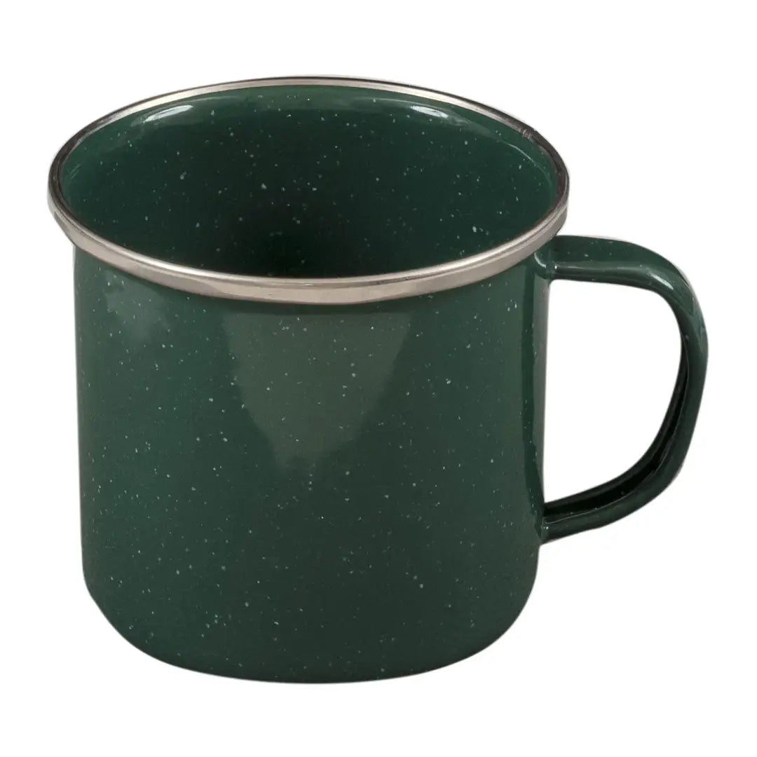 Dark green Deluxe Enamel camping mug with silver rim for country clothing and hunting