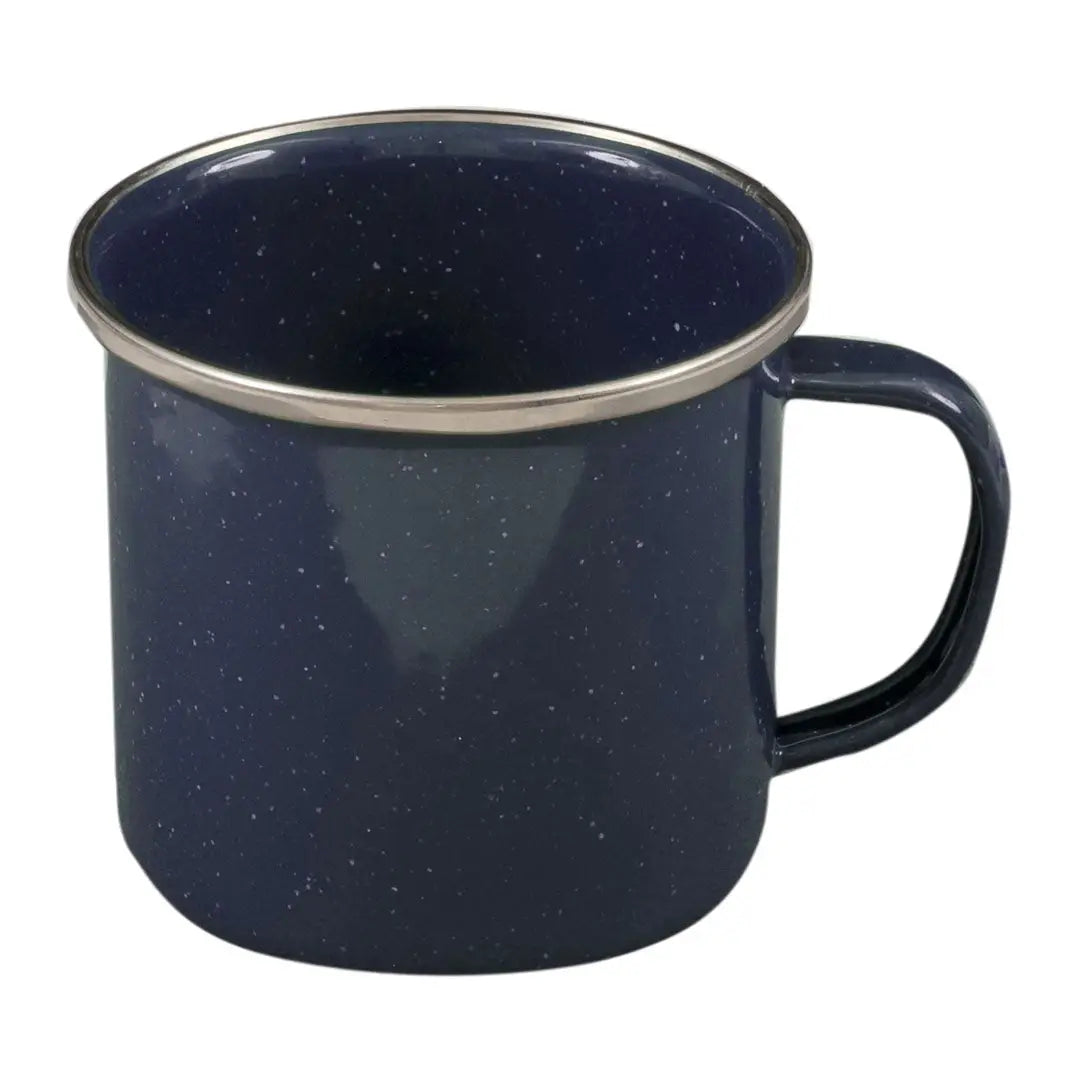 Dark blue Highlander Deluxe Enamel Vintage Camping Mug with silver rim, perfect for country clothing
