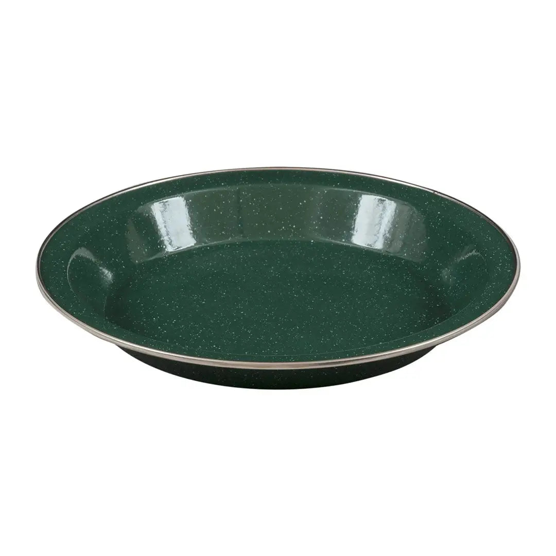 Dark green speckled Highlander Deluxe Enamel Vintage Camping Plate in a curved shape